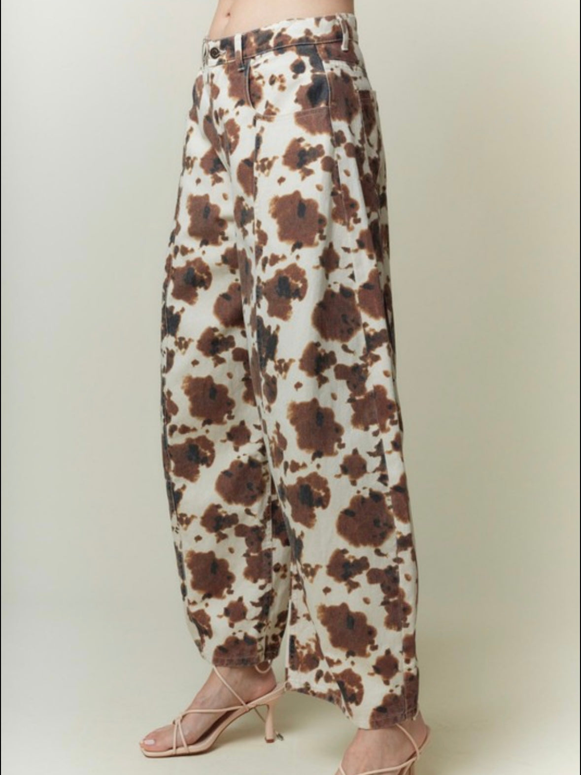 Beige cow printed barrel jeans pants
