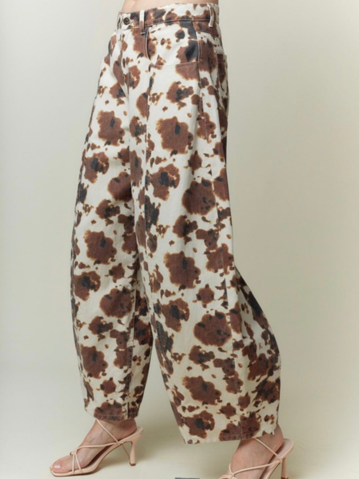 Beige cow printed barrel jeans pants