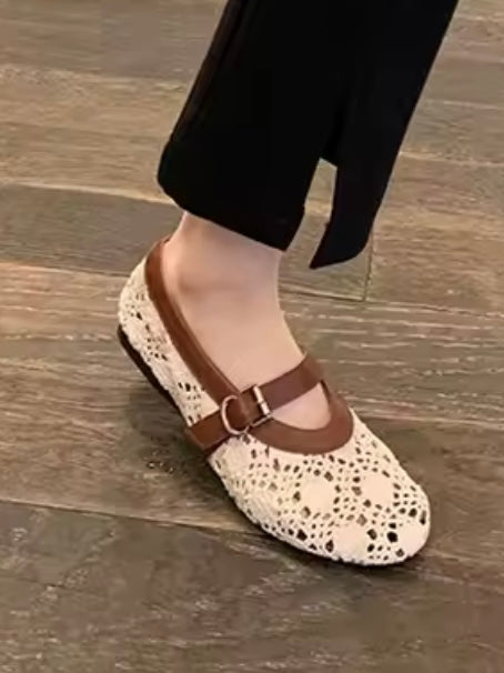 Black and beige ballet crochet net straps flats shoes