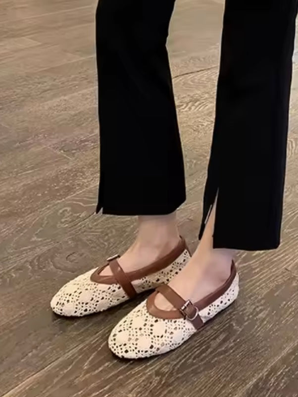 Black and beige ballet crochet net straps flats shoes