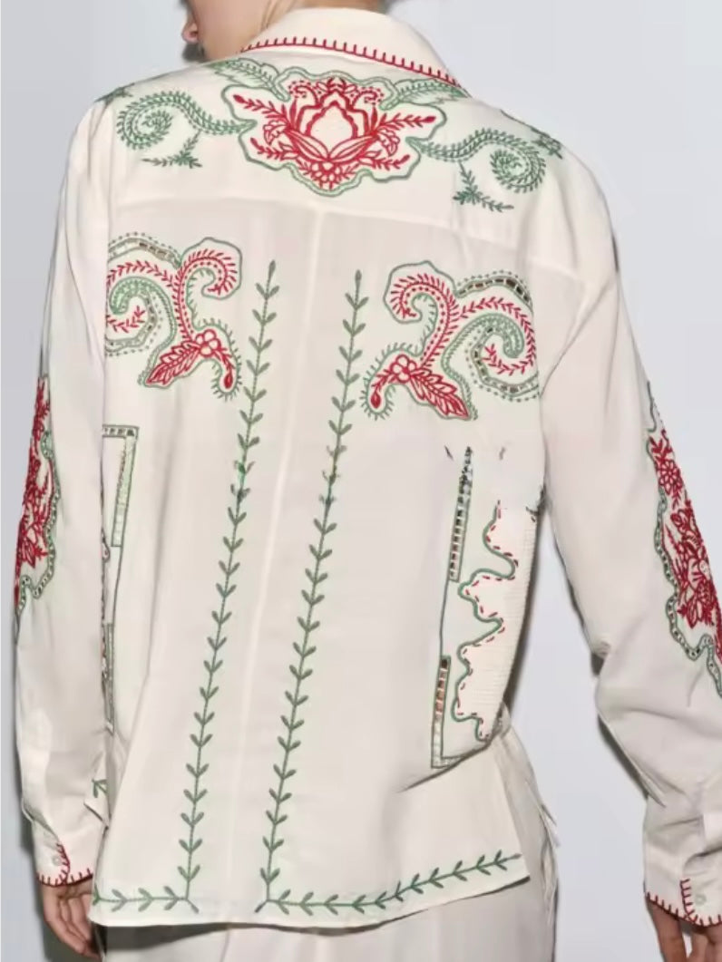 Natural beige embroidered floral set of 2 shirt and pants