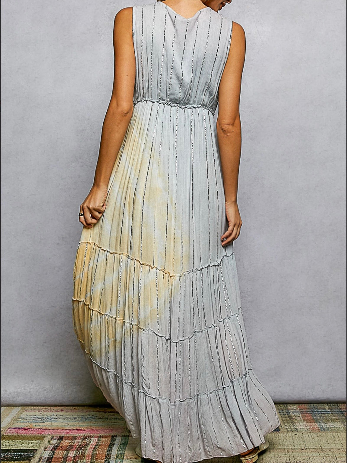 Light grey and light yellow printed sleeveless maxi dress