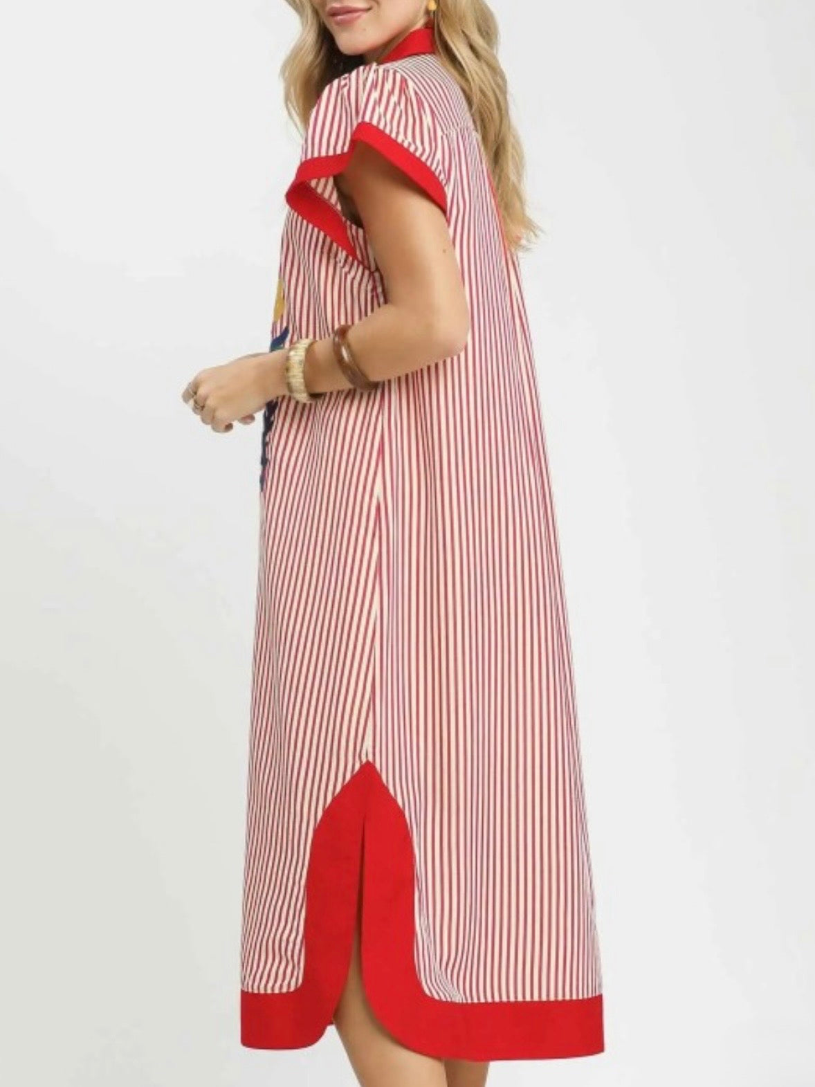 Striped red and white sleeveless midi dress