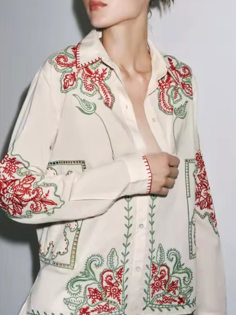 Natural beige embroidered floral set of 2 shirt and pants