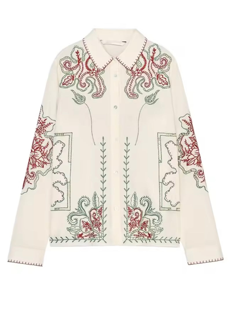 Natural beige embroidered floral set of 2 shirt and pants
