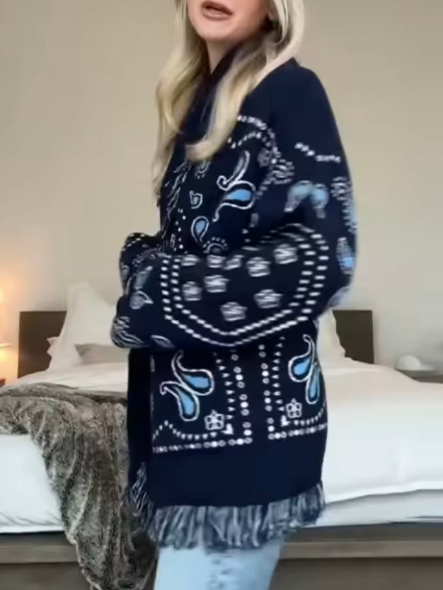 Navy blue tassels and seams details cardigan jacket