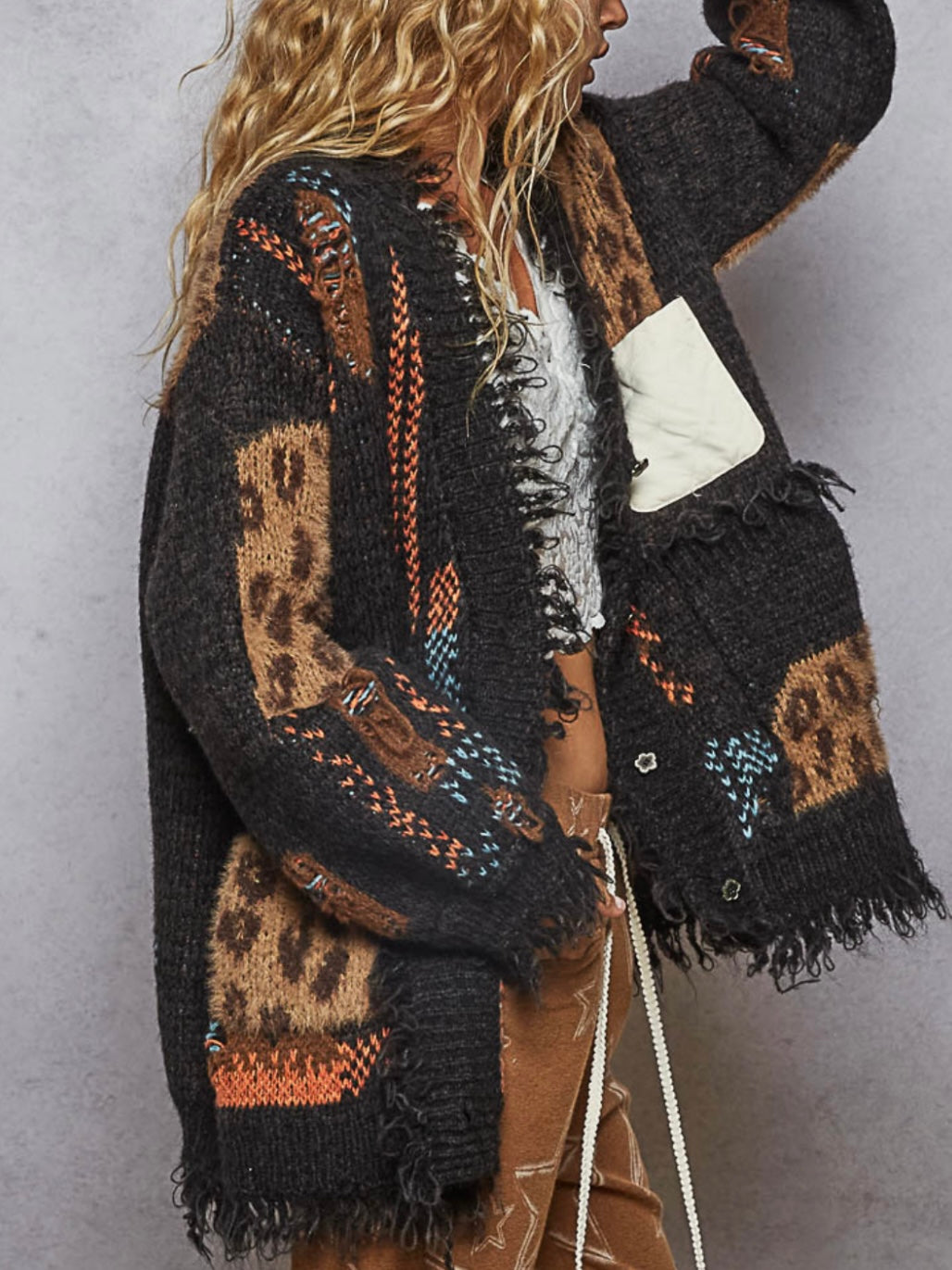 Black and leopard patched mix fabrics jacket