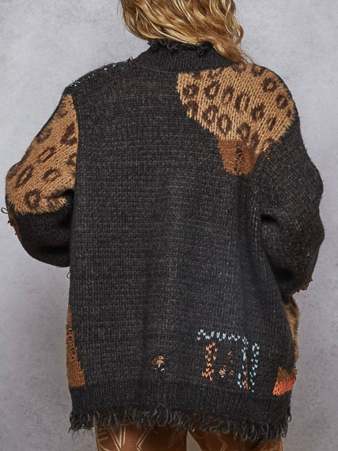 Black and leopard patched mix fabrics jacket