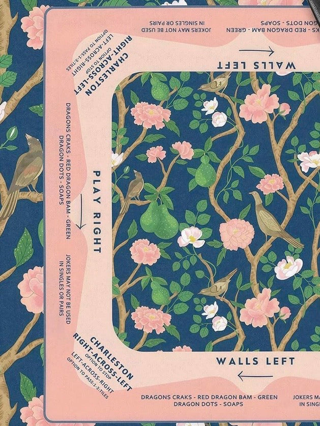 Blue and pink floral Mahjong mat