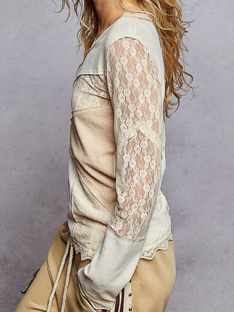 Beige crochet floral lace mix fabrics top