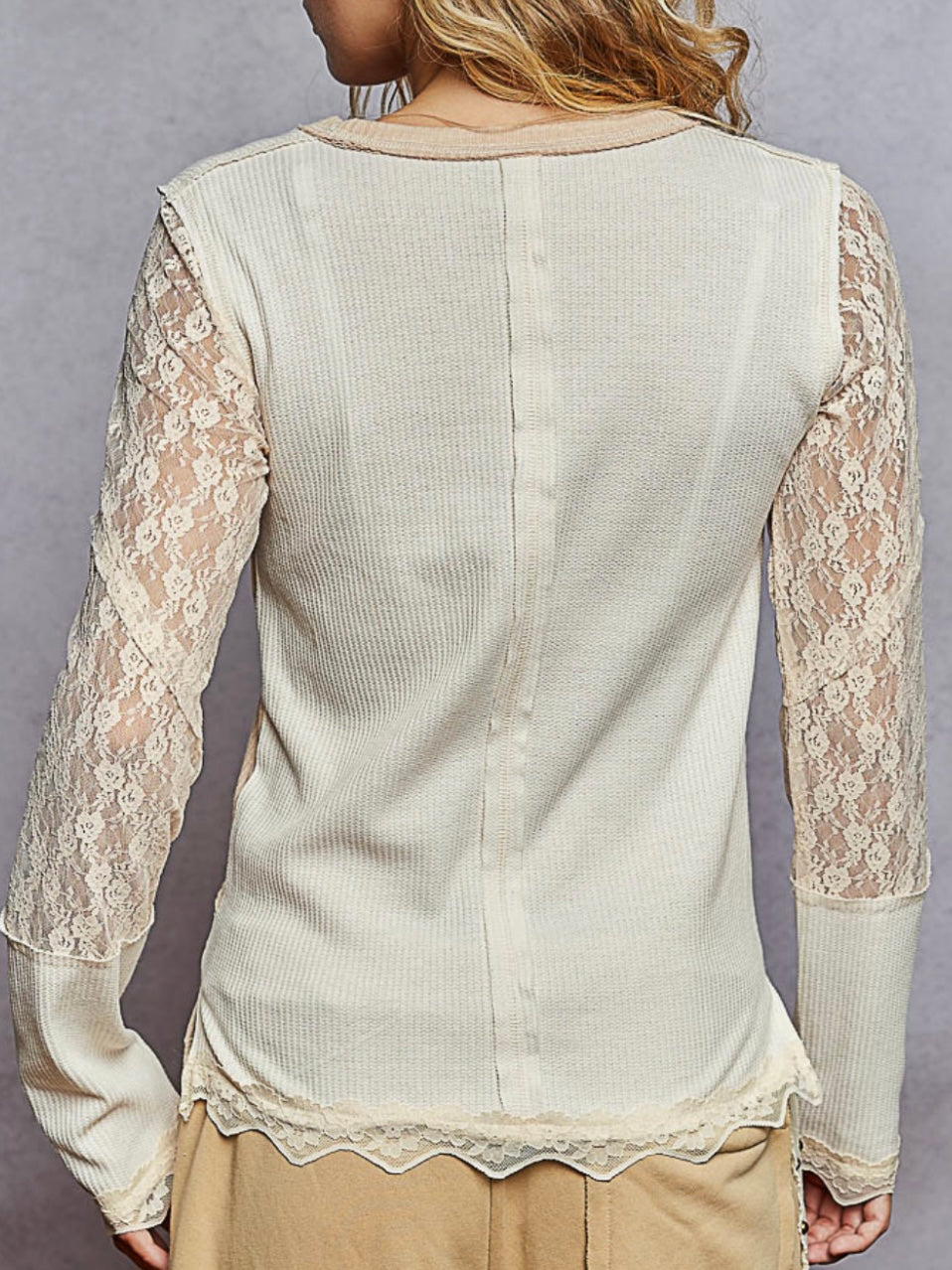 Beige crochet floral lace mix fabrics top