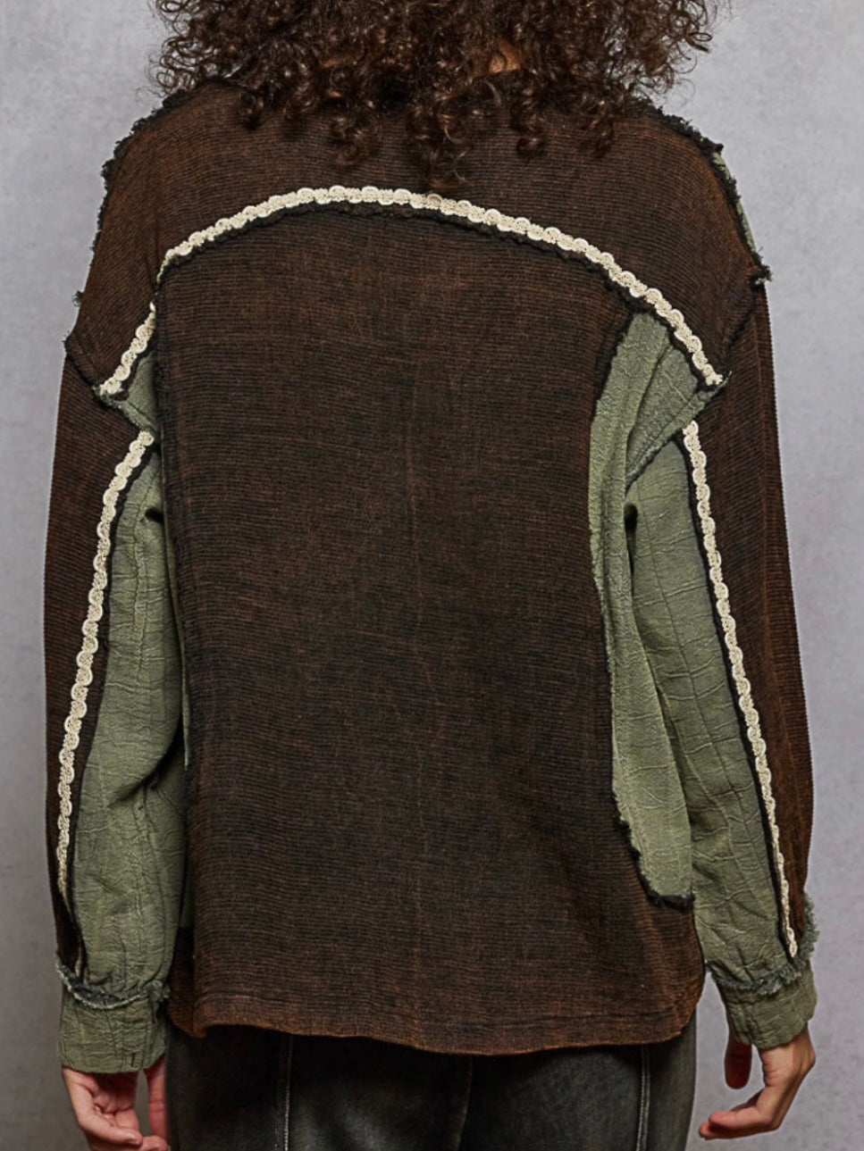 Brown and green mix fabrics top sweater