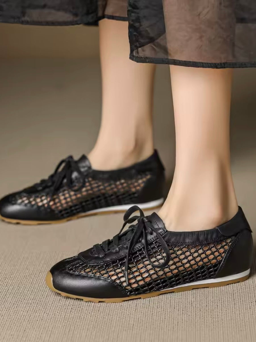 Solid colors net lace up flats sneakers shoes