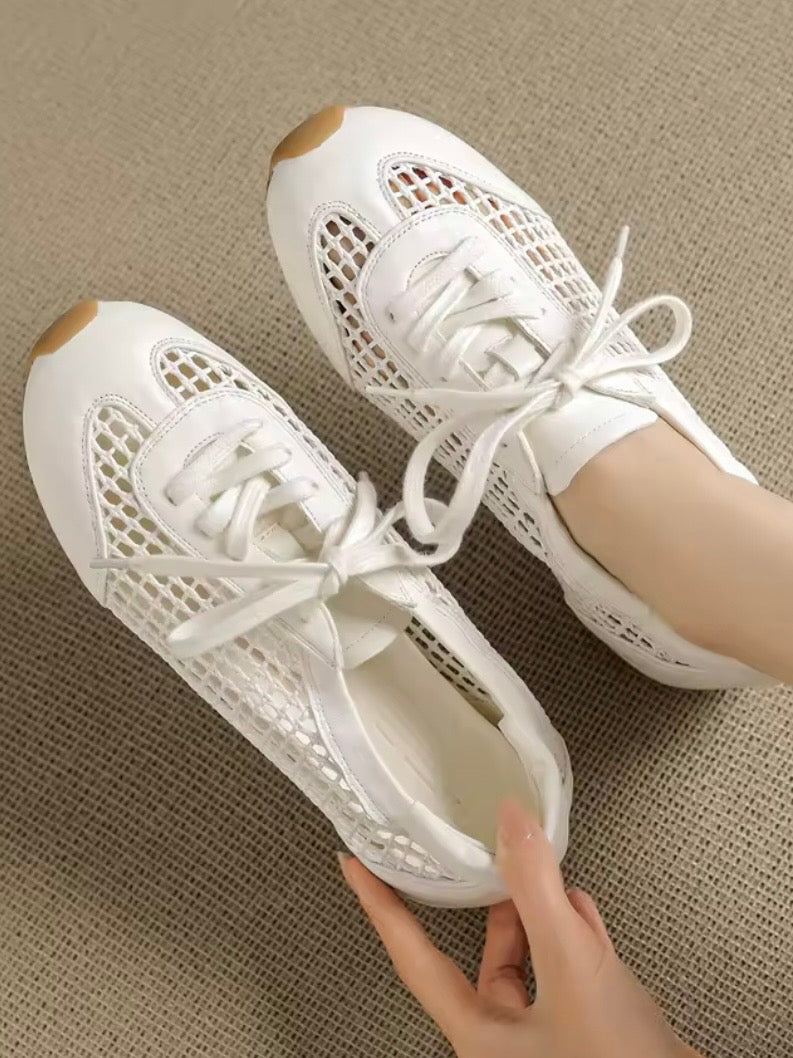 Solid colors net lace up flats sneakers shoes