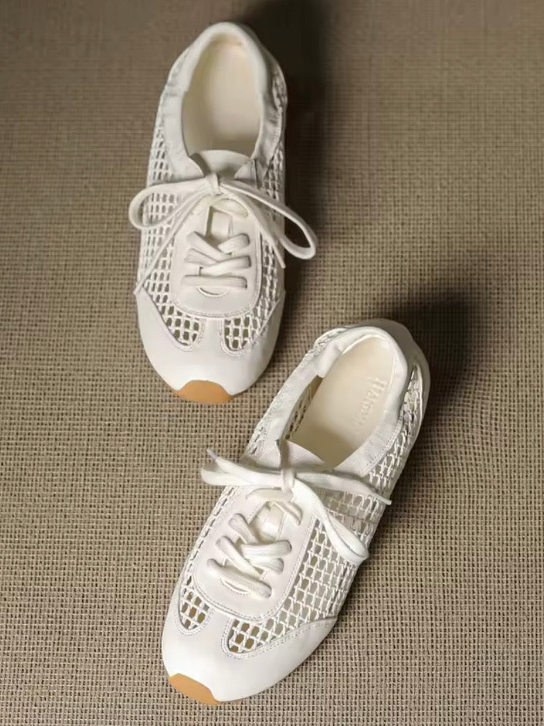 Solid colors net lace up flats sneakers shoes