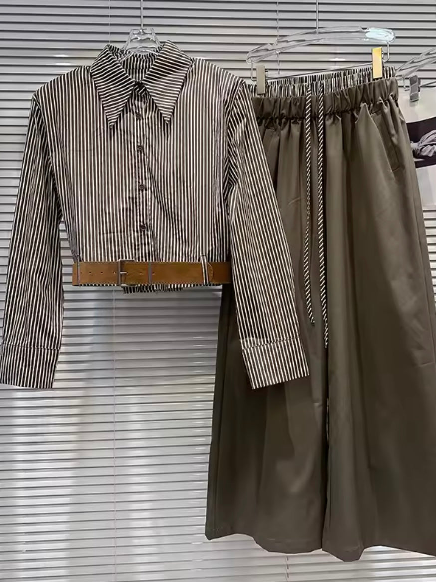 Striped belted shirt set of 2, shirt and pants