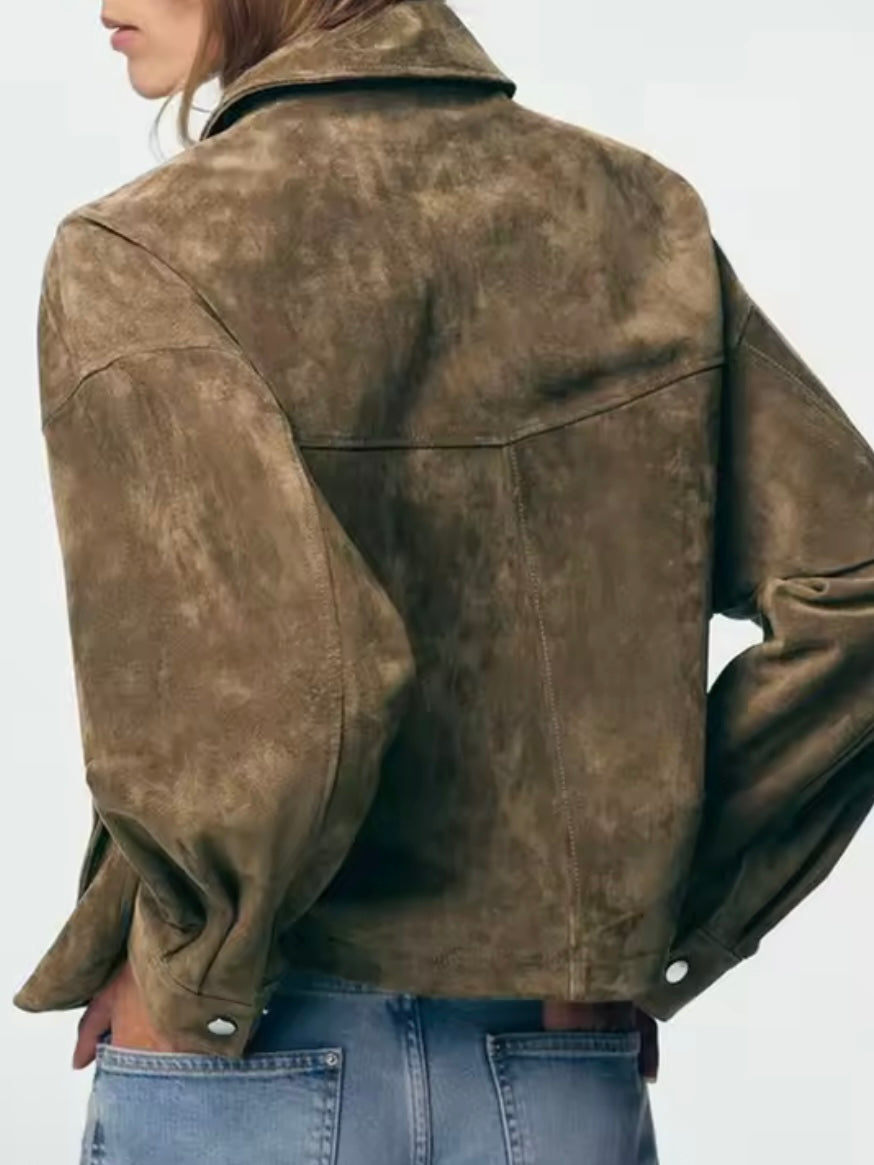 Brown faux suede patchwork pockets jacket