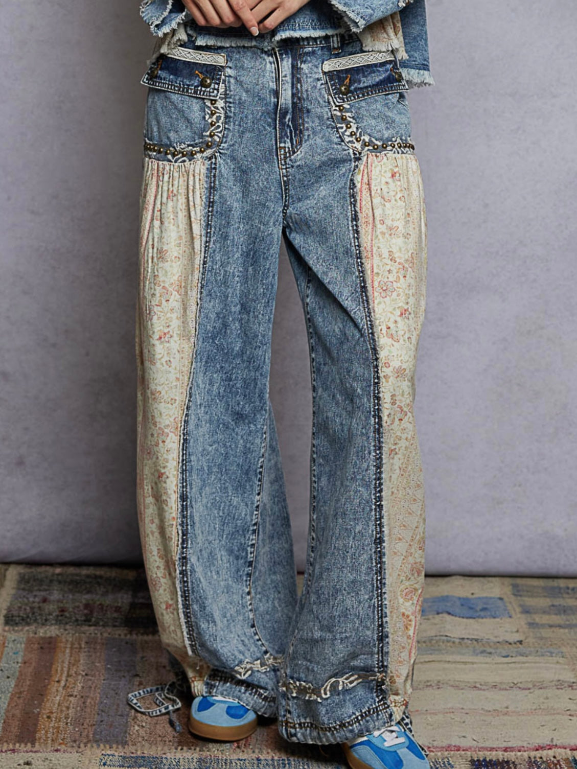 Jeans wide mix fabrics set shirt and pants