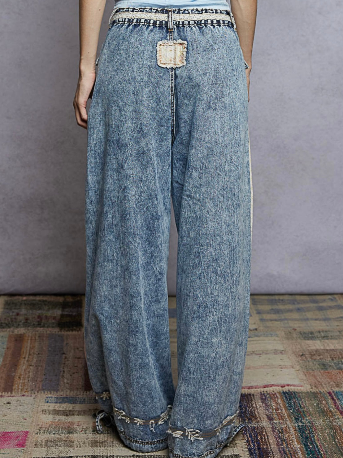 Jeans wide mix fabrics set shirt and pants