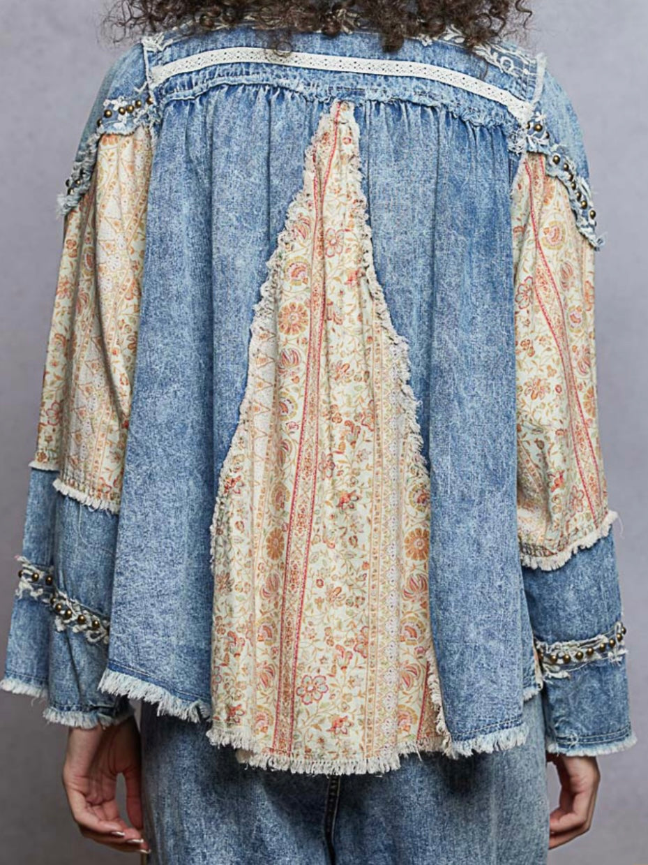 Jeans wide mix fabrics set shirt and pants
