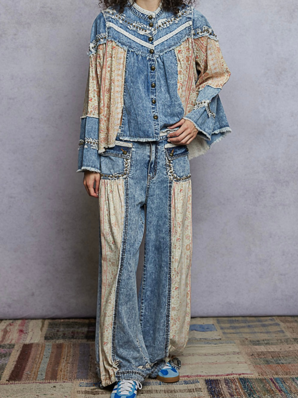 Jeans wide mix fabrics set shirt and pants