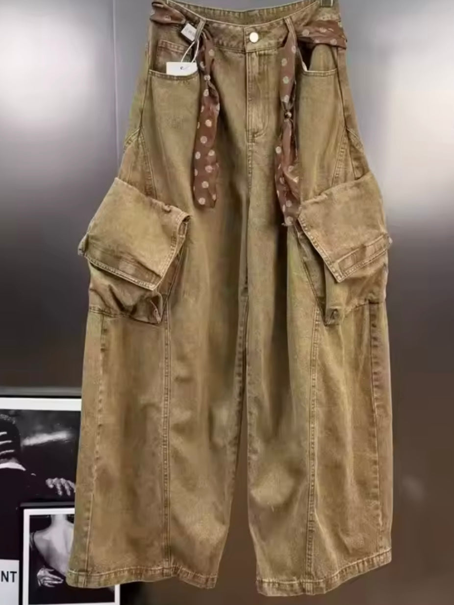 Brown denim cargo look set of 2 vest top and pants