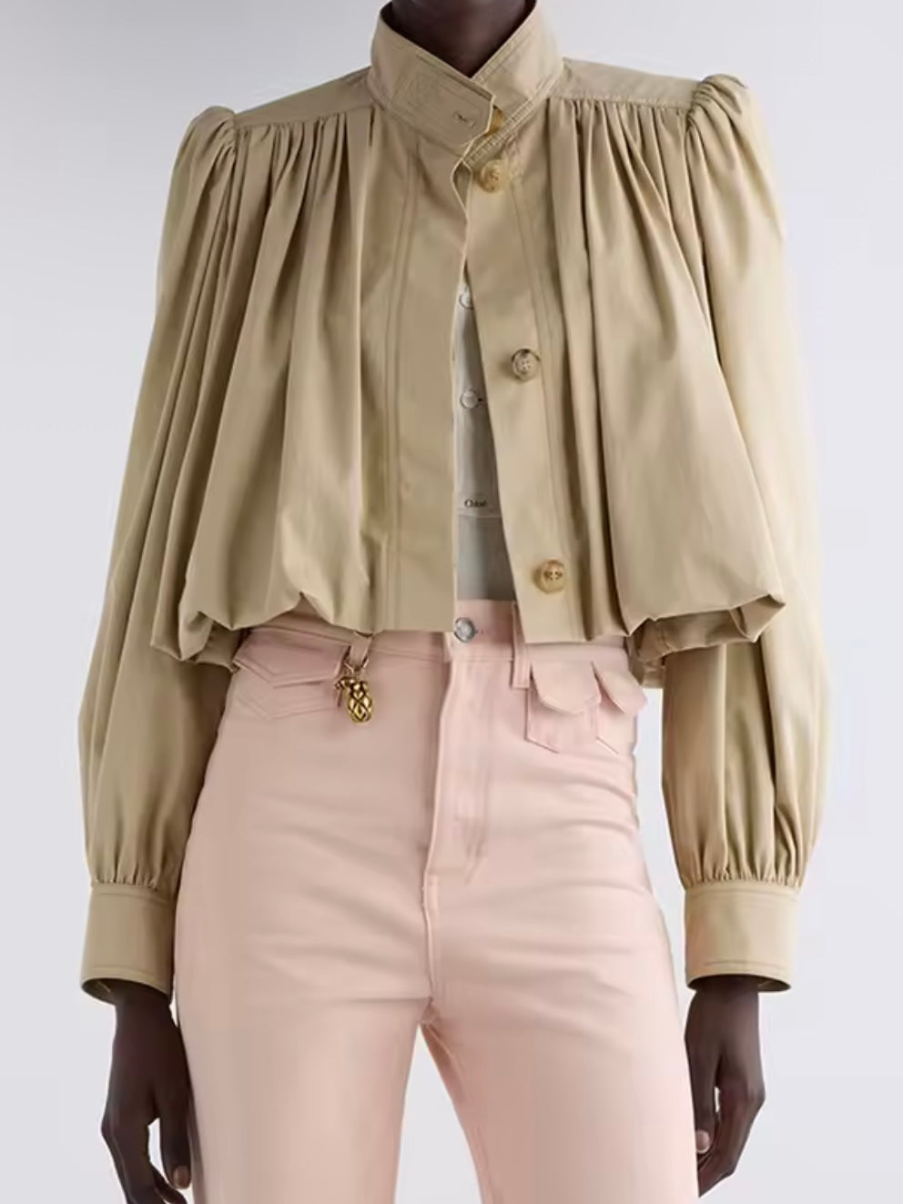 Beige bomber pleated shoulders crop top shirt