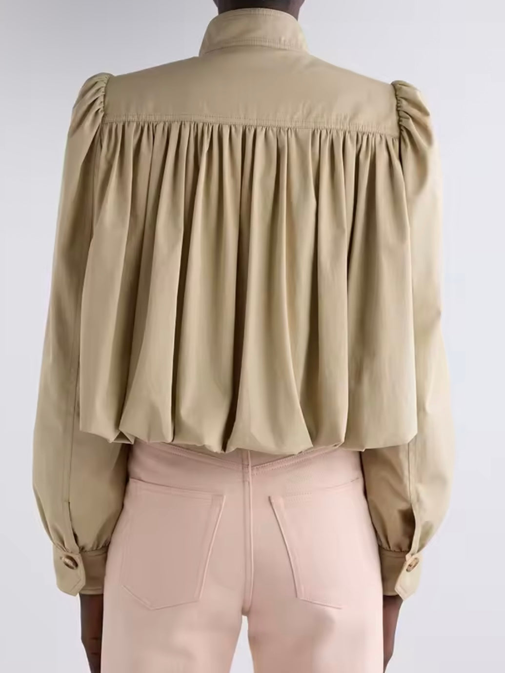Beige bomber pleated shoulders crop top shirt