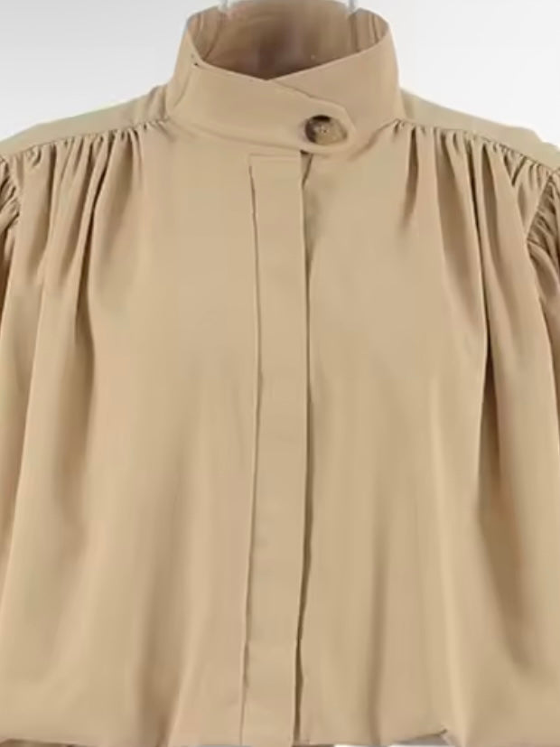Beige bomber pleated shoulders crop top shirt