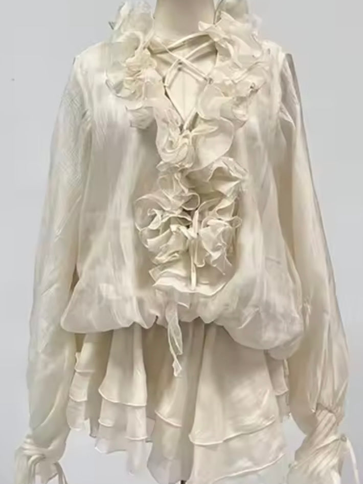 Beige 3D floral ruffle texture long sleeves short mini dress