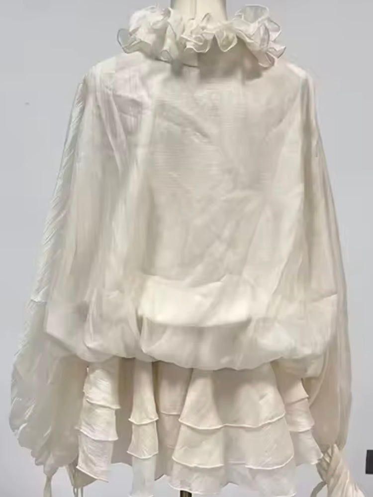 Beige 3D floral ruffle texture long sleeves short mini dress
