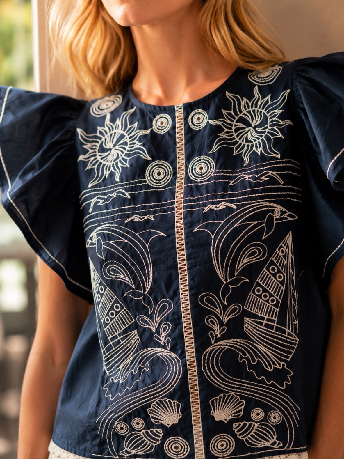 Navy blue and white suns, dolphins and shells delicate embroidered top