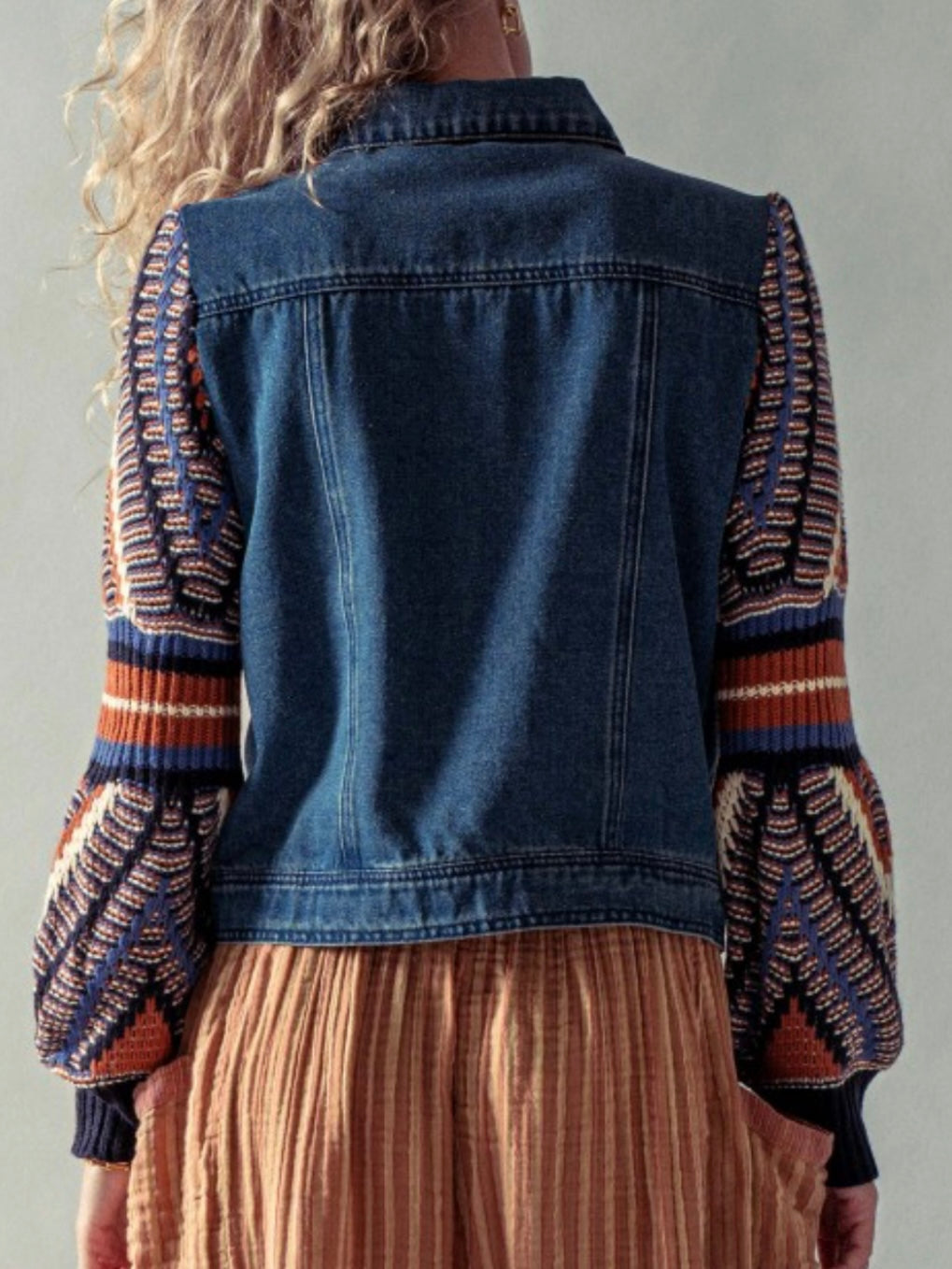Blue jeans jacket with knitted bomber long sleeves