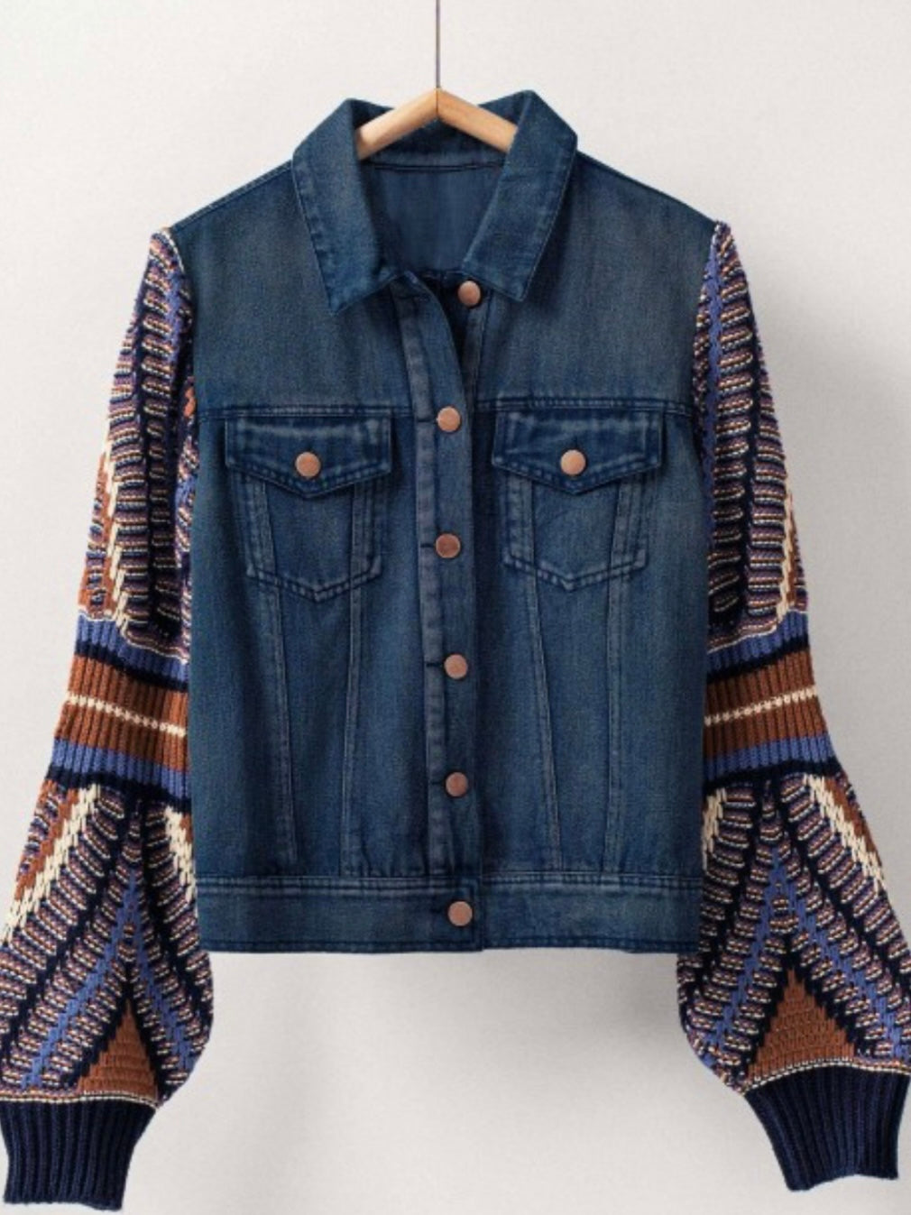 Blue jeans jacket with knitted bomber long sleeves