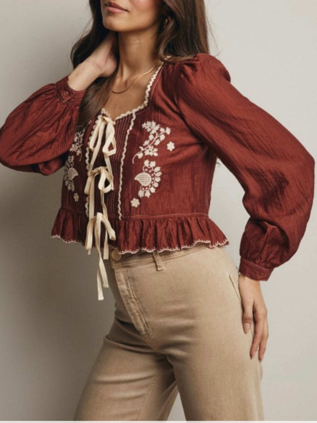 Burgundy and beige embroidered floral shirt