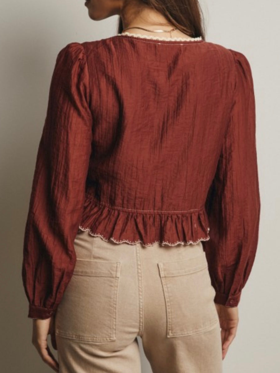 Burgundy and beige embroidered floral shirt