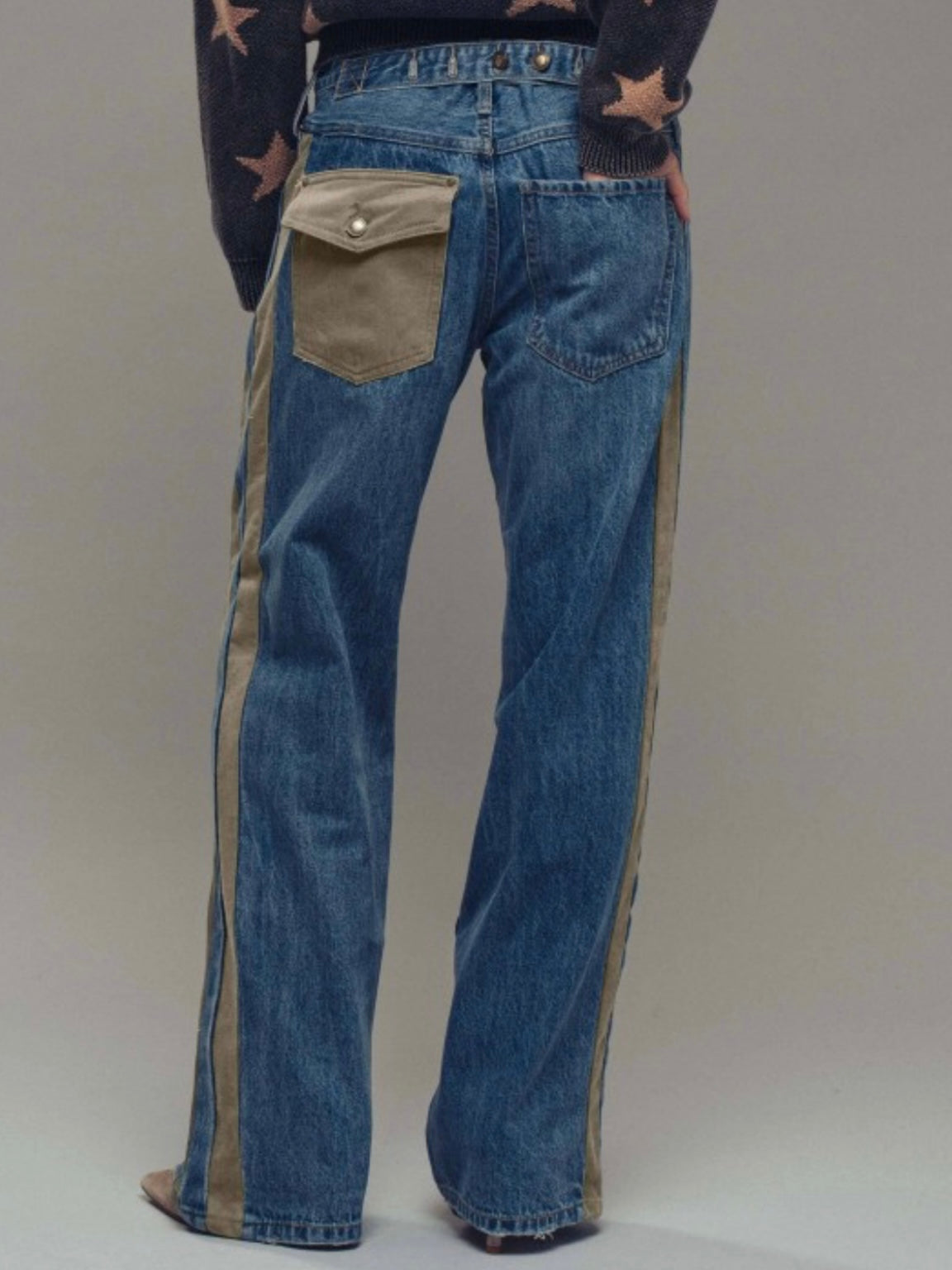 Blue and beige straps flaps pockets wide pants
