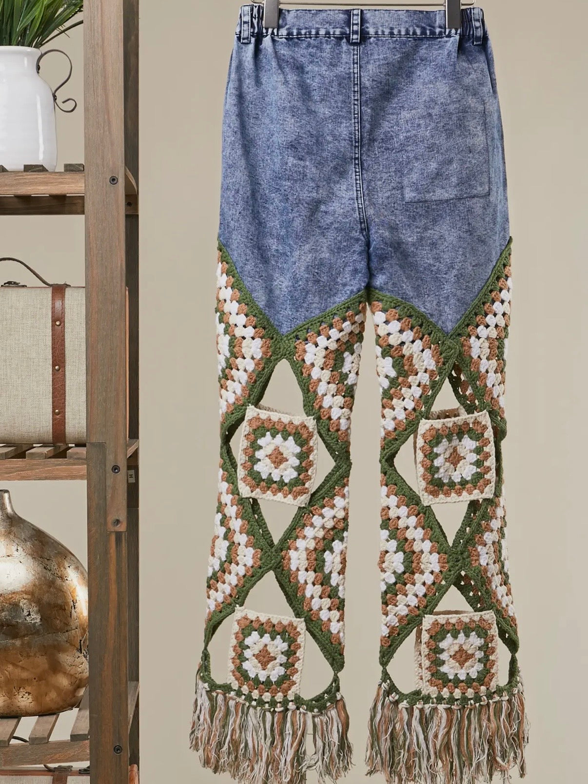 Blue jeans straight fit mix texture knitted legs fabric