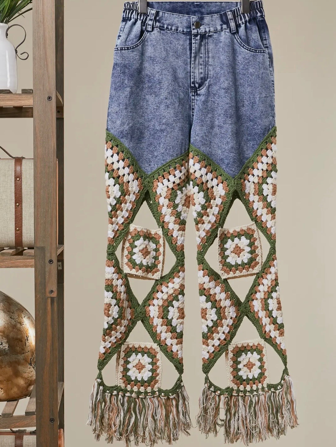 Blue jeans straight fit mix texture knitted legs fabric