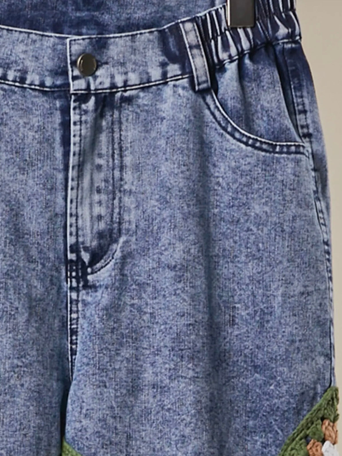 Blue jeans straight fit mix texture knitted legs fabric