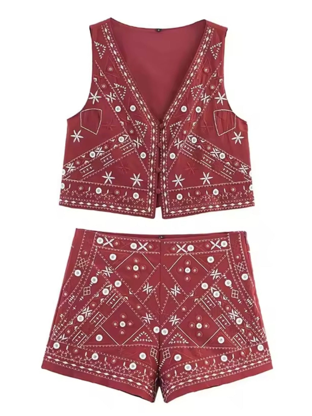 Red textured fabric set of 2 shirt and shorts pants