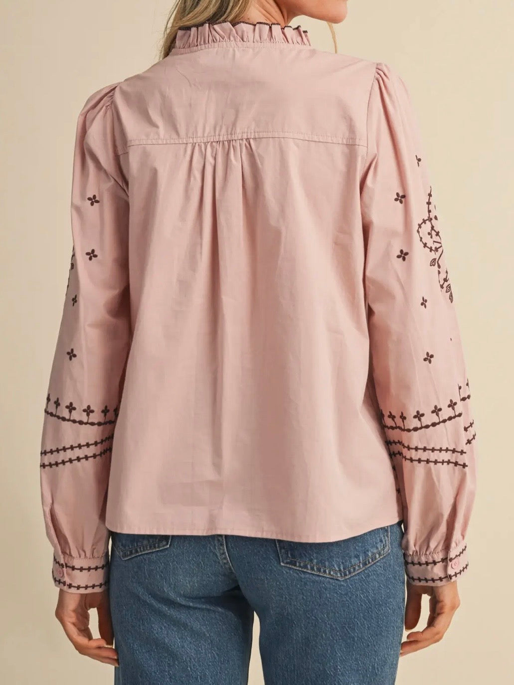Pink embroidered floral bomber long sleeves shirt