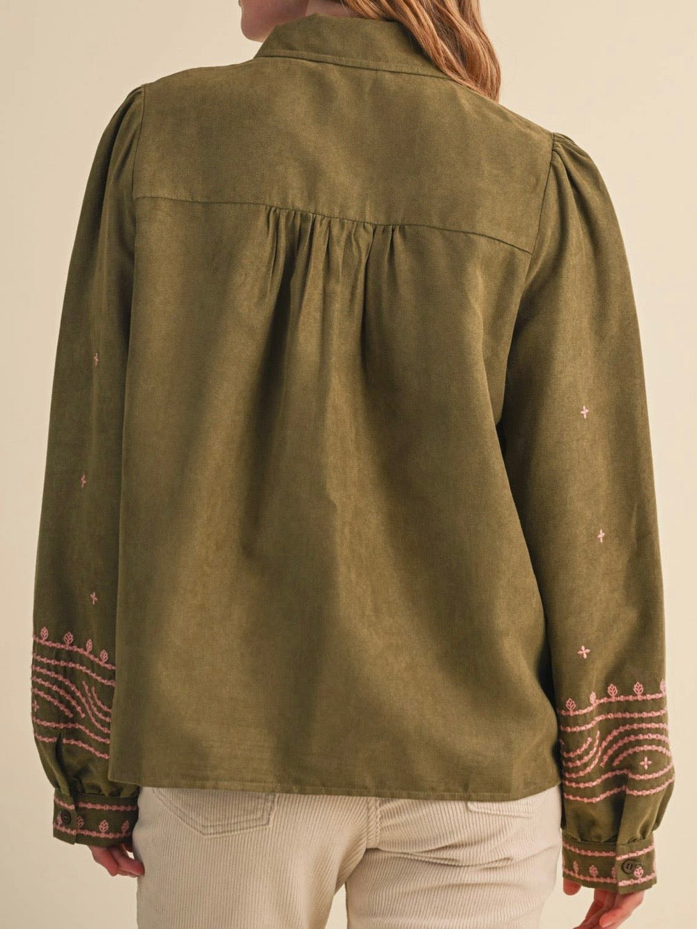 Olive and pink embroidered floral bomber long sleeves shirt