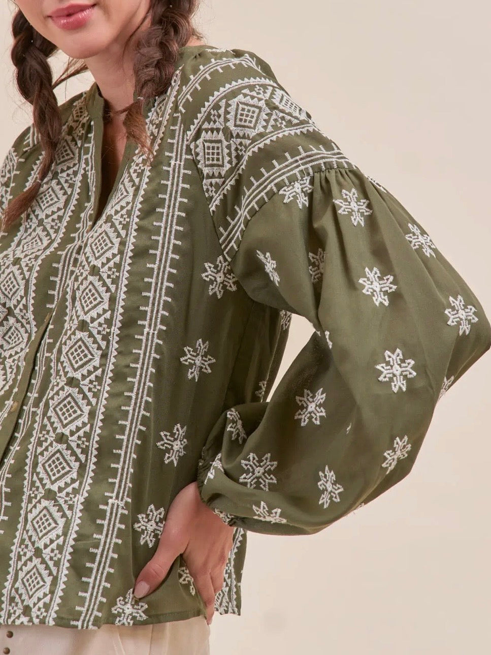 Olive and white embroidered floral bomber long sleeves shirt