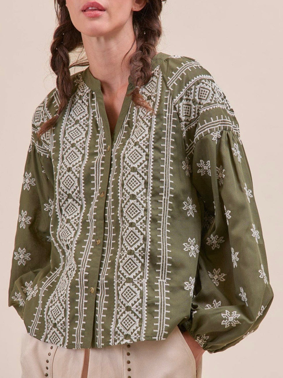 Olive and white embroidered floral bomber long sleeves shirt