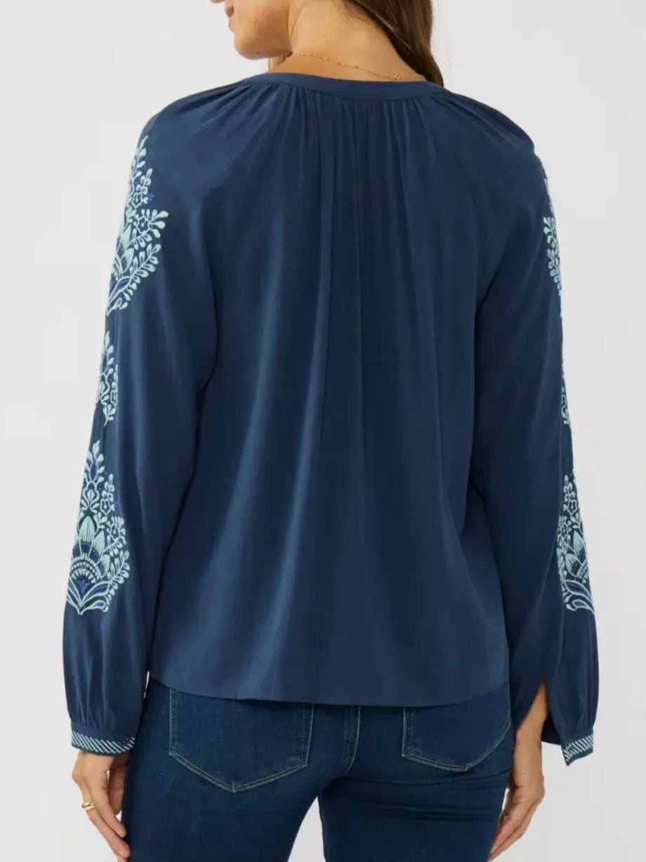 Navy Blue embroidered floral bomber long sleeves shirt