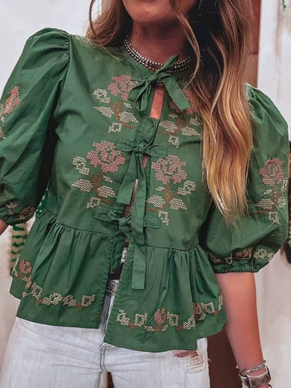 Green embroidered floral bomber short sleeves shirt