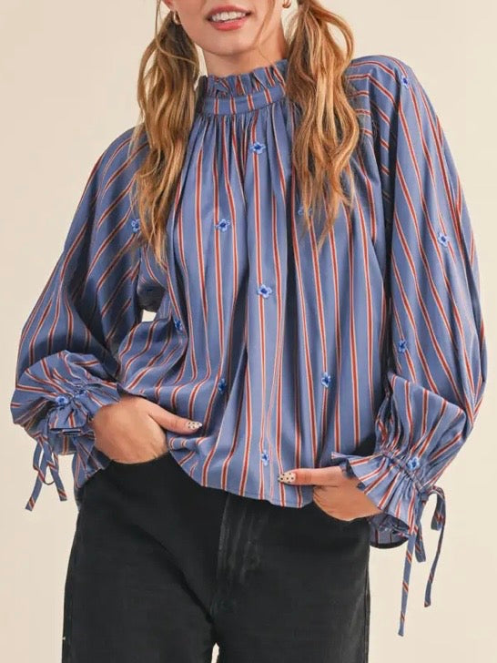 Blue and red striped small flowers bomber long sleeves shirt blouse