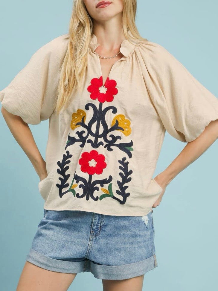 Beige floral puff short sleeves blouse top