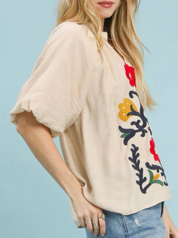 Beige floral puff short sleeves blouse top